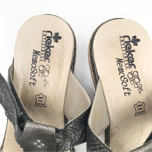 Rieker Silver Metallic Laser Cut Rhinestone MemoSoft Antistress Slide Sandals - Picture 10 of 16
